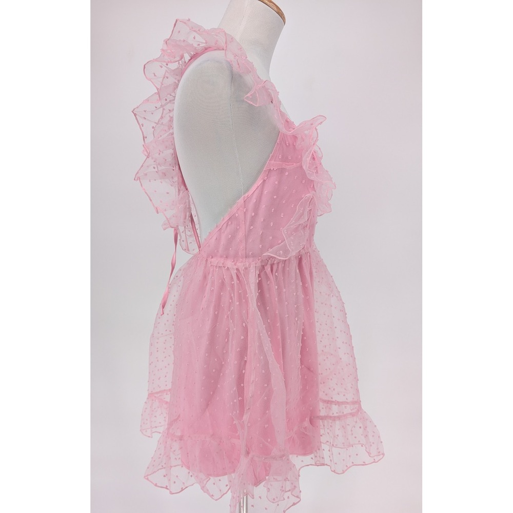 Sugar Thrillz Can't Help Falling Pinafore Dress S Pink Swiss Dot Ruffle Sheer - Picture 5 of 12